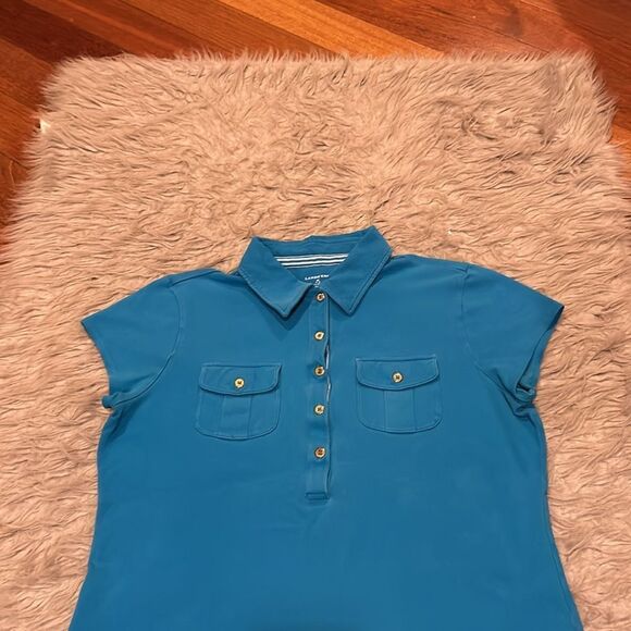 Lands end women’s bright teal cotton stretch short sleeve polo - Picture 2 of 5